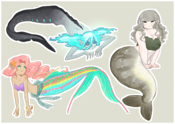 3girls bikini blue_eyes blue_hair blue_skin colored_skin commentary_request emaciated fins green_background green_eyes grey_hair highres hikagami_(june_lotus) long_hair mermaid monster_girl multiple_girls original pink_hair plump pointy_ears shell shell_bikini simple_background swimsuit