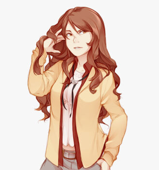 1girl belt black_ribbon brown_belt brown_eyes brown_hair brown_jacket brown_shirt collared_shirt commentary english_commentary grey_belt hair_between_eyes hand_in_own_hair hand_on_own_hip hand_up highres jacket lips long_hair long_sidelocks long_sleeves mugino_shizuri nose open_clothes open_jacket open_shirt parted_lips ribbon shirt sidelocks solo toaru_majutsu_no_index upper_body vilatile wavy_hair white_shirt