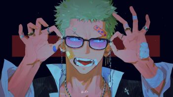 1boy absurdres adjusting_eyewear arms_up bandaged_wrist bandages bandaid bandaid_on_face bandaid_on_forehead bird2120rm black-framed_eyewear character_name collared_shirt commentary_request gauze gauze_on_hand glasses green_hair highres jewelry korean_commentary looking_to_the_side male_focus multiple_rings necklace one_piece open_collar open_mouth popped_collar ring roronoa_zoro sanpaku shirt short_hair solo teeth white_shirt