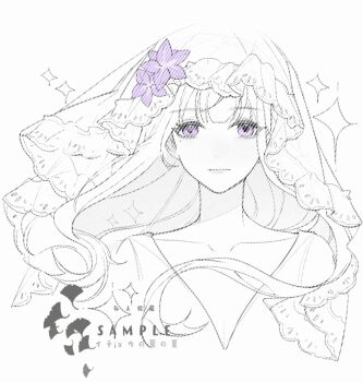 Rule 34 | 1girl, alternate costume, blunt bangs, breasts, chinese commentary, cleavage, closed mouth, collarbone, dress, flower, genshin impact, hair flower, hair ornament, highres, image sample, jinxi274, lofter sample, long hair, looking at viewer, mole, mole under eye, monochrome, partially colored, purple eyes, purple flower, raiden shogun, simple background, solo, sparkle, upper body, veil, wavy hair, wedding dress, white background