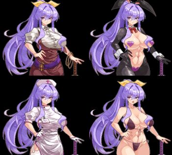 1girl animal_ears belt bikini black_background black_bikini black_shrug blush breasts buttons collared_shirt commentary dress eaglov embarrassed expressionless fake_animal_ears frilled_thighhighs frills front-tie_bikini_top front-tie_top frontless_outfit furrowed_brow garter_belt gloves hair_between_eyes hair_ribbon hand_on_own_hip heart_maebari heart_pasties high_ponytail highres jewelry katana large_breasts latex latex_legwear latex_shrug long_hair long_sidelocks looking_at_viewer maebari multiple_expressions multiple_views name_tag navel nervous nurse open_mouth pasties ponytail purple_belt purple_eyes purple_hair rabbit_ears revealing_clothes reverse_bunnysuit reverse_outfit ribbon ring shirt short_sleeves shrug_(clothing) side-tie_bikini_bottom sidelocks simple_background single_strap solo standing swimsuit sword symbol-only_commentary thighhighs touhou twintails upper_body watatsuki_no_yorihime weapon white_gloves white_thighhighs wrist_cuffs yellow_ribbon