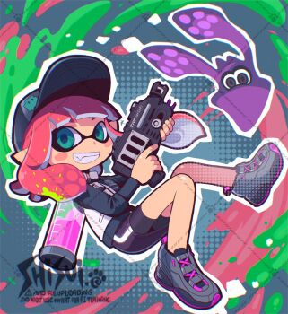 1girl artist_name bike_shorts black_shoes black_shorts blush_stickers fang full_body green_eyes hat ink_tank_(splatoon) inkling inkling_(swim_form) inkling_girl inkling_player_character jacket long_sleeves looking_at_viewer nintendo pointy_ears shisui shoes shorts smile sneakers solo splatoon_(series) squid teeth tentacle_hair