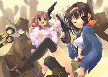 Rule 34 | 2boys, 3girls, asahina mikuru, belt, black eyes, black hair, blush, boots, brown eyes, brown hair, cloak, cowboy hat, cowboy western, facial hair, fringe trim, gun, hairband, handgun, hat, ito noizi, jacket, koizumi itsuki, kyon, long hair, midriff, miniskirt, multiple boys, multiple girls, mustache, nagato yuki, official art, one eye closed, orange hairband, poncho, purple hair, revolver, second-party source, short hair, skirt, smile, sos brigade, suzumiya haruhi, suzumiya haruhi no yuuutsu, thighhighs, tongue, weapon, zettai ryouiki