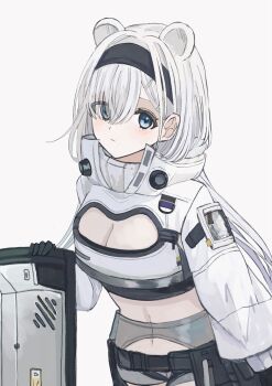 Rule 34 | 1girl, animal ears, arknights, aurora (arknights), black gloves, black hairband, blue eyes, breasts, cleavage, cleavage cutout, closed mouth, clothing cutout, commentary request, cowboy shot, crop top, cropped jacket, gloves, grey background, hair behind ear, hair between eyes, hair over one eye, hairband, highres, jacket, long hair, long sleeves, looking at viewer, medium breasts, navel, simple background, solo, standing, udo (akn otk), white hair, white jacket