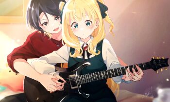 2girls aotsubaki_toto aqua_eyes black_dress black_hair black_ribbon blonde_hair blush closed_mouth collared_shirt colored_tips dress guitar hair_ribbon hashtag-only_commentary highres holding holding_guitar holding_instrument indoors instrument jewelry long_hair long_sleeves looking_at_object multicolored_hair multiple_girls music neck_ribbon necklace open_mouth original pinafore_dress playing_guitar playing_instrument red_eyes red_shirt ribbon shirt short_hair sitting sleeveless sleeveless_dress smile teaching three-quarter_sleeves two_side_up white_shirt wing_collar yuri