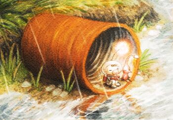 1boy alien backpack bag big_nose brown_hair bud can closed_eyes colored_skin commentary cortoony crossed_arms curled_up english_commentary gloves grass helmet inktober male_focus marker_(medium) olimar painting_(medium) pen_(medium) pikmin_(creature) pikmin_(series) pointy_ears pointy_nose puddle radio_antenna rain red_bag red_gloves red_light red_pikmin red_skin river short_hair sitting space_helmet spacesuit tiny traditional_media very_short_hair watercolor_(medium)