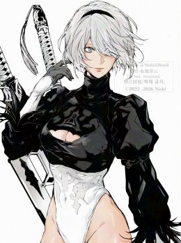 1girl 2b_(nier:automata) blue_eyes breasts cleavage cleavage_cutout closed_mouth clothing_cutout commentary covered_navel feather-trimmed_sleeves gloves grey_hair hair_over_one_eye hand_up highres juliet_sleeves leotard long_sleeves medium_breasts mole mole_under_mouth nier:automata nier_(series) nishiii26miii parted_lips puffy_sleeves short_hair solo sword sword_on_back turtleneck upper_body weapon weapon_on_back white_background white_leotard