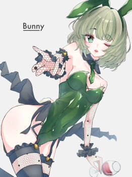;o absurdres animal_ear_hairband animal_ears beckoning black_thighhighs breasts covered_navel cup dear0518 detached_collar drinking_glass elbow_gloves fake_animal_ears gloves green_hair green_leotard green_necktie hairband highres holding holding_cup honeycomb_(pattern) idolmaster idolmaster_cinderella_girls leotard looking_at_viewer mole mole_under_eye necktie one_eye_closed rabbit_ear_hairband rabbit_ears short_hair short_necktie simple_background small_breasts strap takagaki_kaede thighhighs wine_glass