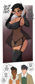 1girl 2boys 2koma absurdres alternate_breast_size black_choker black_hair black_thighhighs breasts bridal_gauntlets chemise choker clark_kent collared_shirt comic crescent crescent_earrings dark-skinned_male dark_skin dc_comics earrings english_text garter_straps glasses gradient_background highres hood hoodie jewelry jimmy_olsen large_breasts lingerie lois_lane looking_at_viewer multiple_boys my_adventures_with_superman saltyxodium see-through_clothes shirt short_hair speech_bubble superman superman_(series) tan thighhighs tomboy underwear very_dark_skin