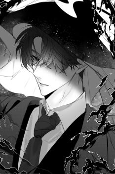 Rule 34 | 1boy, black coat, black hair, black shirt, black vest, cloak, coat, cow horns, curtained hair, greyscale, hair over one eye, hayu beck, highres, hood, hood up, hooded cloak, horns, looking at viewer, male focus, monochrome, necktie, omniscient reader's viewpoint, one eye covered, open clothes, open coat, partially shaded face, secretive plotter, serious, shirt, short hair, solo, upper body, vest, yoo joonghyuk