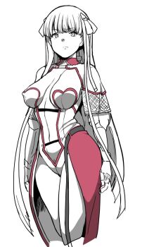 1girl breasts capelet commentary_request covered_erect_nipples cowboy_shot fate/grand_order fate_(series) female_pubic_hair fingerless_gloves gloves greyscale large_breasts leotard light_frown long_hair martha_(fate) martha_(third_ascension)_(fate) monochrome navel pubic_hair pubic_hair_peek red_skirt sagging_breasts skirt solo spot_color strapless strapless_leotard very_long_hair yozo_(stanky)