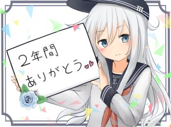1girl blue_eyes commentary_request flower grey_hair hat hibiki_(kancolle) holding holding_sign kantai_collection military_hat odeclea roman_numeral rose school_uniform serafuku sign smile solo translation_request