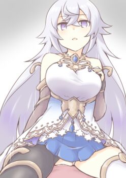 1boy 1girl blue_skirt breasts cleavage_cutout clothing_cutout cowgirl_position empty_eyes grimms_notes hetero highres large_breasts looking_at_viewer magic_mirror_(grimms_notes) parted_lips sex skirt solo_focus straddling vaginal