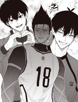 Rule 34 | !?, 2boys, absurdres, barou shouei, blue lock, blue lock bodysuit, blush, closed eyes, commentary, dodaengchi, greyscale, grin, hair between eyes, heart, heart hands, highres, isagi yoichi, jacket, male focus, monochrome, multiple boys, multiple views, parted lips, short hair, smile, spoken interrobang, teeth, toned, toned male, track jacket, upper body, yaoi, zipper