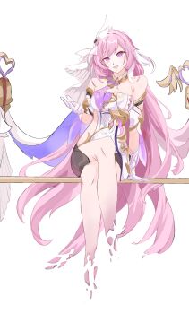 1girl absurdres bare_legs bare_shoulders bell black_shorts breasts chinese_commentary cleavage clothing_cutout commentary_request crossed_legs elf elysia_(herrscher_of_human:_ego)_(honkai_impact) elysia_(honkai_impact) elysia_(miss_pink_elf)_(honkai_impact) floating gloves hair_between_eyes highres honkai_(series) honkai_impact_3rd large_breasts long_hair looking_at_viewer pink_eyes pink_hair pointy_ears shattered shirt short_shorts shorts side_cutout simple_background siri863465 sitting sitting_on_object smile staff triquetra veil very_long_hair white_background white_gloves white_shirt white_veil