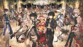 3boys 6+girls absurdres aerial_fireworks black_gloves black_hair black_thighhighs blonde_hair blue_hair boots brant_(wuthering_waves) camellya_(wuthering_waves) carlotta_(wuthering_waves) changli_(wuthering_waves) cheonyeon-hi commentary crossed_legs cup dual_persona english_commentary female_rover_(wuthering_waves) fireworks glass gloves grey_hair hat high_heel_boots high_heels highres holding holding_cup horns indoors jinhsi_(wuthering_waves) knee_boots looking_at_another male_rover_(wuthering_waves) multicolored_hair multiple_boys multiple_girls pantyhose partially_fingerless_gloves phoebe_(wuthering_waves) roccia_(wuthering_waves) rover_(wuthering_waves) shirt shorekeeper_(wuthering_waves) sitting skirt standing streaked_hair sun_hat thigh_boots thigh_strap thighhighs white_boots white_hat white_pantyhose white_shirt white_skirt wuthering_waves xiangli_yao_(wuthering_waves) zani_(wuthering_waves)