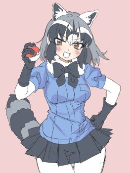 1girl animal_ears black_bow black_bowtie black_gloves black_hair black_skirt blue_sweater blush bow bowtie brown_eyes common_raccoon_(kemono_friends) cowboy_shot elbow_gloves extra_ears fang fur_collar gloves grey_hair hair_between_eyes highres holding holding_poke_ball houkokukokui kemono_friends multicolored_hair nintendo open_mouth pantyhose pleated_skirt poke_ball pokemon puffy_short_sleeves puffy_sleeves raccoon_ears raccoon_girl raccoon_tail short_hair short_sleeves sidelocks skirt smile solo sweater tail white_fur white_gloves white_hair white_pantyhose