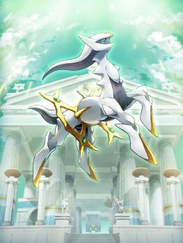 arceus artist_request cloud colored_sclera column commentary english_commentary full_body gen_4_pokemon green_sclera highres in-universe_location kleavor legendary_pokemon mythical_pokemon nintendo no_humans official_art pillar pokemon pokemon_(creature) pokemon_focus pokemon_home pokemon_legends:_arceus red_eyes sky solo spear_pillar statue third-party_source wyrdeer