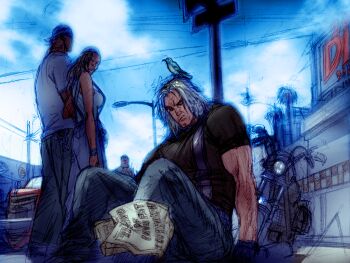 animal animal_on_head bird bird_on_head blonde_hair blue_sky car diner game_cg gloves kawano_takuji lamppost long_hair male_focus motor_vehicle motorcycle newspaper official_art on_head people road shirt sitting sky street tekken tekken_4