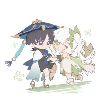1boy 1girl anklet armlet asymmetrical_sidelocks black_bodysuit black_bridal_gauntlets black_hair black_shorts blue_cape blue_hat blue_jingasa blue_kimono blue_sleeves blunt_ends bodysuit bridal_gauntlets bright_pupils cape chibi chibi_only choppy_bangs closed_mouth commentary_request detached_sleeves dress eyelashes eyeliner floating furisode genshin_impact gold green_cape green_eyes green_sleeves hair_ornament hakama hakama_shorts hat heart heart_hair_ornament holding_hands japanese_clothes jewelry jingasa juban kimono layered_sleeves leg_warmers levitation long_hair looking_at_another looking_at_viewer makeup nahida_(genshin_impact) one_eye_closed open_clothes open_kimono open_mouth parted_bangs pleated_shorts pom_pom_(clothes) purple_eyes qiuqiure55 red_eyeliner scaramouche_(genshin_impact) short_eyebrows short_sleeves shorts shoulder_peek side_cape side_ponytail sidelocks socks stirrup_footwear toeless_legwear wanderer_(genshin_impact) white_background white_dress white_hair white_kimono white_leg_warmers white_pupils white_sleeves white_socks