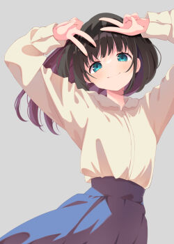Rule 34 | 1girl, arms up, black hair, blue eyes, blue skirt, blush, casual, closed mouth, colored inner hair, commentary, cowboy shot, double v, floating hair, grey background, happy, high-waist skirt, highres, long hair, looking at viewer, minase kaya, multicolored hair, original, pleated skirt, purple hair, shirt, simple background, skirt, sleeves past wrists, smile, solo, symbol-only commentary, tareme, two-tone hair, v, v over head, yellow shirt