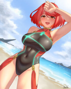 1girl :d absurdres aqua_gemstone arm_up armpits bare_shoulders beach black_one-piece_swimsuit blue_sky breasts chest_jewel commentary competition_swimsuit core_crystal_(xenoblade) covered_navel cowboy_shot day dutch_angle earrings gem headpiece highres ibouki jewelry large_breasts legs looking_at_viewer official_alternate_costume one-piece_swimsuit open_mouth outdoors pinstripe_one-piece_swimsuit pyra_(pro_swimmer)_(xenoblade) pyra_(xenoblade) red_eyes red_hair red_one-piece_swimsuit red_shoes ribbed_swimsuit shoes short_hair sky smile solo standing striped_clothes striped_one-piece_swimsuit swept_bangs swimsuit tiara two-tone_swimsuit vertical-striped_clothes vertical-striped_one-piece_swimsuit xenoblade_chronicles_(series) xenoblade_chronicles_2