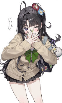 1girl ahoge awa_subaru bag black_bag black_hair black_skirt blue_nails breasts brown_cardigan cardigan cleavage commentary girls_band_cry green_nails gyaru hair_intakes hands_up highres long_hair looking_at_viewer mu_ooa multicolored_nails one_eye_closed pink_nails pleated_skirt purple_eyes school_bag school_uniform shoulder_bag simple_background skirt solo white_background