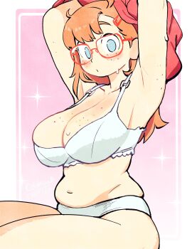 1girl 2025 absurdres ahoge armpits arms_up artist_name asymmetrical_bangs blue_eyes body_freckles border bra breasts cleavage closed_mouth collarbone colo_(nagrolaz) commentary cowboy_shot english_commentary film_grain freckles glasses gradient_background hair_ornament hairclip highres lace lace-trimmed_bra lace_trim large_breasts long_hair looking_at_viewer no_pupils orange_hair outside_border panties pink_background plump red-framed_eyewear red_shirt rita_(sweethex) shirt sitting skindentation solo sparkle straight_hair sweat sweethex underwear undressing unworn_shirt white_border white_bra white_panties
