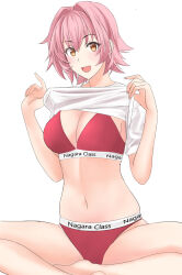 Rule 34 | 1girl, bra, breasts, calvin klein, cleavage, clothes lift, clothes writing, commentary request, hair intakes, highres, indian style, kantai collection, kinu (kancolle), large breasts, lifted by self, orange eyes, panties, red bra, red eyes, red panties, shirt, shirt lift, short hair, simple background, sitting, smile, solo, takase asagiri, underwear, white background, white shirt