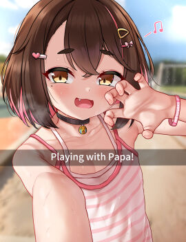 1girl :3 beamed_eighth_notes bilingual_commentary black_choker blurry blurry_background blush brown_eyes brown_hair camisole choker claw_pose collarbone colored_inner_hair commentary crying_emoji emoji english_commentary english_text fang flat_chest gemba_(dlfms75) hair_ornament hairclip highres loli looking_at_viewer mixed-language_commentary mizuki_yui_(gemba_(dlfms75)) mole mole_under_eye multicolored_hair musical_note open_mouth original outdoors pink_camisole pink_hair short_hair solo spoken_musical_note striped_camisole thick_eyebrows two-tone_hair