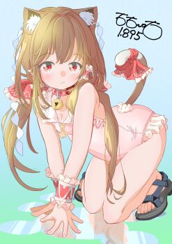 1girl :/ animal_ear_fluff animal_ears arm_support artist_name bare_shoulders bell black_shoes blue_background blush bow breasts brown_hair cat_ears cat_girl cat_tail cleavage dot_nose frilled_bow frilled_wristband frills full_body gradient_background green_background hair_bow hair_tubes hakurei_reimu highres jingle_bell kemonomimi_mode kneeling long_hair looking_to_the_side no_socks one-piece_swimsuit pink_one-piece_swimsuit red_bow reflection reflective_liquid sandals shoes sidelocks signature simple_background single_hair_tube small_breasts solo swimsuit tail tail_bow tail_ornament totomoto touhou wristband