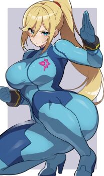 Rule 34 | 1girl, blonde hair, blue bodysuit, blue eyes, bodysuit, breasts, commentary request, hair between eyes, high ponytail, impossible bodysuit, impossible clothes, large breasts, long hair, looking at viewer, metroid, mituyota 76, nintendo, ponytail, samus aran, sidelocks, skin tight, solo, super smash bros., zero suit