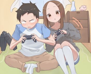1boy 1girl black_bag black_hair black_shirt blue_shorts blue_sleeves blush brown_eyes brown_hair brown_pants child commentary_request controller game_controller highres holding holding_controller holding_game_controller indoors karakai_jouzu_no_takagi-san kneehighs kokoaalala33 leaning_on_person leaning_to_the_side long_hair long_sleeves looking_at_viewer nishikata no_shoes open_mouth pants parted_lips piggy_bank playing_games raglan_sleeves shirt short_hair short_sleeves shorts sitting socks sweat takagi-san white_shirt white_socks