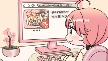 1girl :3 ahoge black_bow blush_stickers bow chair chibi closed_mouth commentary_request computer_keyboard desk flower green_eyes hair_bow highres hololive long_hair long_sleeves mochimiko monitor on_chair pink_flower pink_hair plant potted_plant puffy_long_sleeves puffy_sleeves romaji_text sakura_miko shirt sitting solo translation_request virtual_youtuber watermark web_address white_shirt