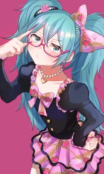 1girl absurdres aqua_eyes aqua_hair black_shirt blush bow collarbone commentary_request fingernails glasses hair_between_eyes hair_bow hair_ornament hatsune_miku highres jewelry long_hair long_sleeves looking_at_viewer necklace pink-framed_eyewear pink_background pink_bow pink_skirt pinyata_(pinyaland) puffy_long_sleeves puffy_sleeves shirt simple_background skirt solo twintails very_long_hair vocaloid