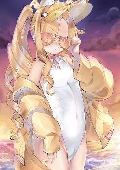1girl absurdres animal_ear_fluff animal_ears blonde_hair blue_archive breasts chinese_commentary clothing_cutout commentary covered_navel cowboy_shot cross_halo diamond_cutout dusk fox_ears fox_girl fox_tail gradient_sky halo highleg highleg_one-piece_swimsuit highres horizon jacket long_hair looking_at_viewer ocean official_alternate_costume official_alternate_hairstyle one-piece_swimsuit orange-tinted_eyewear orange_eyes orange_sky purple_sky seia_(blue_archive) seia_(swimsuit)_(blue_archive) side_ponytail sky small_breasts solo sunglasses swimsuit tail tinted_eyewear visor_cap water white_one-piece_swimsuit yellow_halo yellow_jacket yellow_visor yuanyuan_de_wuyuan