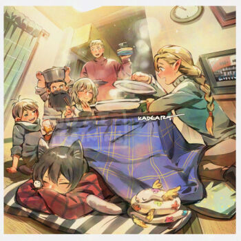 3boys 3girls animal_ears artist_name braid braided_ponytail brother_and_sister cat_ears chilchuck_tims chopsticks closed_eyes commentary cooking_pot cup dungeon_meshi falin_touden holding holding_chopsticks holding_cooking_pot holding_cup indoors izutsumi kadeart kotatsu laios_touden marcille_donato multiple_boys multiple_girls pointy_ears senshi_(dungeon_meshi) siblings slice_of_life smile smoke sweater table turtleneck turtleneck_sweater under_kotatsu under_table