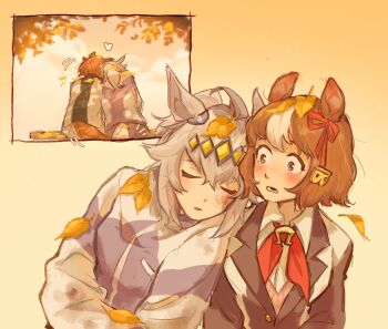 2girls ahoge animal_ears autumn_leaves belno_light_(umamusume) blush bow breasts brown_hair closed_eyes collared_shirt ear_ornament ear_ribbon grey_hair grey_tail hair_between_eyes hair_ornament hairband heart highres horse_ears horse_girl horse_tail horseshoe_ornament jacket kasamatsu_tracen_school_uniform kasamatsu_tracen_training_uniform leaf leaf_on_head leaning_on_person letter_hair_ornament long_hair long_sleeves multicolored_hair multicolored_jacket multiple_girls neckerchief oguri_cap_(umamusume) open_mouth pants pink_sweater purple_jacket purple_pants purple_track_suit red_neckerchief school_uniform shirt short_hair sitting sweater tail tanukimo_imo track_jacket track_pants track_suit two-tone_hair two-tone_jacket umamusume umamusume:_cinderella_gray white_hair white_shirt yuri