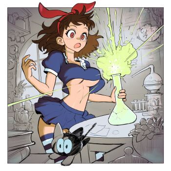 1girl absurdres breasts cat dattosan highres inktober large_breasts navel no_bra red_eyes ribbon skirt tagme underboob