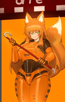 1girl :3 absurdres animal_ears armor black_armor borrowed_character breasts closed_mouth closing_door commentary cone_fop_(kalmoire) cowboy_shot crowbar crushing english_commentary facial_mark fang fox_ears fox_girl fox_tail greek_letters green_eyes half-life half-life_(series) half-life_1 hazmat_suit hev_suit highres holding holding_crowbar imminent_death kuri_(tastykuri) large_breasts long_hair long_sidelocks looking_at_viewer orange_armor orange_background orange_hair original sidelocks slit_pupils smile solo standing tail tastykuri two-tone_armor very_long_hair wide_hips