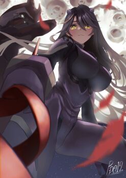 1girl :3 blonde_hair blurry breasts closed_mouth commentary cosplay depth_of_field dress english_commentary feathers hair_between_eyes hairpods highres large_breasts long_hair lua_asuka multicolored_hair nattoushouyu3 neon_genesis_evangelion production_kawaii purple_dress purple_hair second-party_source signature solo streaked_hair virtual_youtuber yellow_eyes