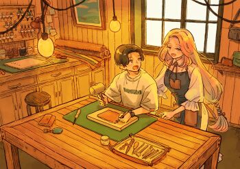 1boy 1girl absurdres apron bag blonde_hair brown_hair cabinet clothes_writing collared_dress commentary_request dress forehead frilled_sleeves frills grey_apron handbag hanging_light highres holding holding_mallet indoors leather light_bulb long_hair looking_at_another looking_to_the_side low-tied_long_hair mallet open_mouth original picture_frame port_(portzzz) print_shirt shirt short_hair slice_of_life t-shirt table three-quarter_sleeves tools tray turning_head very_long_hair very_short_hair warm_colored watch white_dress white_shirt window wing_collar wooden_table wristwatch