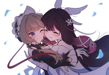2girls ^_^ arm_ribbon arms_around_another's_back bare_shoulders black_collar black_hair black_ribbon black_sleeves blue_eyes blush bonnet brown_hair closed_eyes closed_mouth collar columbina_(genshin_impact) commentary detached_collar detached_sleeves dress english_commentary face-to-face genshin_impact gloves gradient_hair hair_ornament hair_ribbon head_wings headdress hug long_hair long_sidelocks long_sleeves multicolored_hair multiple_girls multiple_wings one_eye_closed petals purple_hair purple_streaks red_ribbon ribbon sandrone_(genshin_impact) short_hair_with_long_locks sidelocks simple_background smile streaked_hair two-tone_hair very_long_hair white_dress white_headdress white_ribbon white_wings winding_key wing_hair_ornament wings wrist_bow zevi_(zevi_ii)