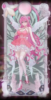 1girl absurdres angel_wings bare_shoulders braid breasts character_doll cleavage collarbone disgustingtokki doll dorothy_(nikke) dorothy_(nostalgia)_(nikke) dress feathered_wings frilled_dress frills full_body goddess_of_victory:_nikke grin hair_bun hair_ribbon halter_dress halterneck hand_on_own_chest highres large_breasts long_hair looking_at_viewer nail_polish official_alternate_costume pink_dress pink_hair pink_nails pinne_(nikke) purple_eyes ribbon smile solo standing white_ribbon white_wings wings