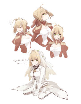 1girl 46isky21 ahoge blonde_hair blush bodysuit breasts bridal_veil bride bun_cover buttons chain cleavage_cutout closed_eyes closed_mouth clothing_cutout commentary_request dress epaulettes fate/extra fate_(series) flower full_body gloves green_eyes hair_between_eyes hair_bun head_wreath highres juliet_sleeves keyhole large_breasts leaf long_sleeves looking_at_viewer looking_to_the_side multiple_views nero_claudius_(bride)_(fate) nero_claudius_(fate) nero_claudius_(fate/extra) open_mouth puffy_sleeves red_dress see-through_clothes see-through_veil short_hair sitting skirt smile two-sided_dress two-sided_fabric upper_body v-shaped_eyebrows veil white_bodysuit white_dress white_flower white_gloves white_skirt white_veil wrist_cuffs
