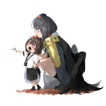 2girls aged_down black_hair black_shoes black_skirt black_socks black_wings blue_dress blush brown_hair bug camera camera_around_neck closed_mouth commentary_request dragonfly dress from_side full_body hand_on_another&#039;s_shoulder hat highres iizunamaru_megumu insect insect_on_finger leaf leaf_on_head long_hair maple_leaf medium_hair multiple_girls open_mouth red_eyes shameimaru_aya shirt shoes short_sleeves shot_(shot0598) skirt smile socks squatting teeth tokin_hat touhou white_background white_shirt wings