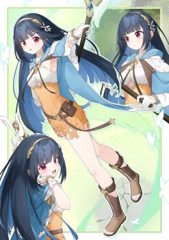 Rule 34 | 1girl, armpits, belt pouch, black hair, blue cape, blue hair, blunt bangs, breasts, brooch, brown sandals, bug, butterfly, cape, closed mouth, colored inner hair, commentary request, criss-cross halter, dress, extra pupils, flower, gloves, gold hairband, hair flower, hair ornament, hairband, halterneck, highres, holding, holding staff, insect, jewelry, lace, lace-trimmed gloves, lace trim, multicolored hair, multiple views, nazuka (stella sora), open mouth, orange dress, pinwheel, pouch, red eyes, sandals, shiroba kamiya, small breasts, smile, staff, stella sora, toes, two-tone dress, v-shaped eyebrows, white dress, white gloves