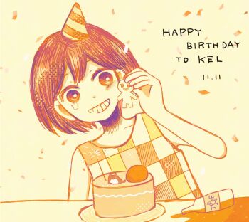 1boy blush cake checkered_clothes collarbone commentary confetti dated double-parted_bangs food grin hair_between_eyes happy_birthday happy_tears hat highres kel_(faraway)_(omori) kel_(omori) male_focus monochrome offend_maggie2 omori open_mouth orange_joe_(omori) orange_theme party_hat plate short_hair smile solo symbol-only_commentary tank_top tearing_up tears teeth upper_body