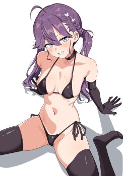 1girl ahoge bare_shoulders bikini black_choker blue_eyes breasts cameltoe choker earrings elbow_gloves foot_out_of_frame from_above gakuen_idolmaster gloves grin hair_between_eyes highres idolmaster jewelry kaya_rinha light_blush long_hair looking_at_viewer medium_breasts mole mole_on_neck navel purple_hair seihekiog shadow side-tie_bikini_bottom simple_background sitting smile solo spread_legs stomach swimsuit thighhighs thighs twintails white_background