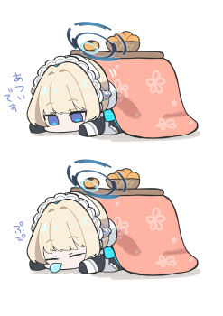 1girl absurdres apron black_dress blonde_hair blue_archive blue_eyes blue_halo braid commentary_request dress food fruit hair_bun half_up_braid halo highres kotatsu koyuuuuuuuuuuu maid maid_apron maid_headdress mandarin_orange nose_bubble sleeping solo table toki_(blue_archive) under_kotatsu under_table